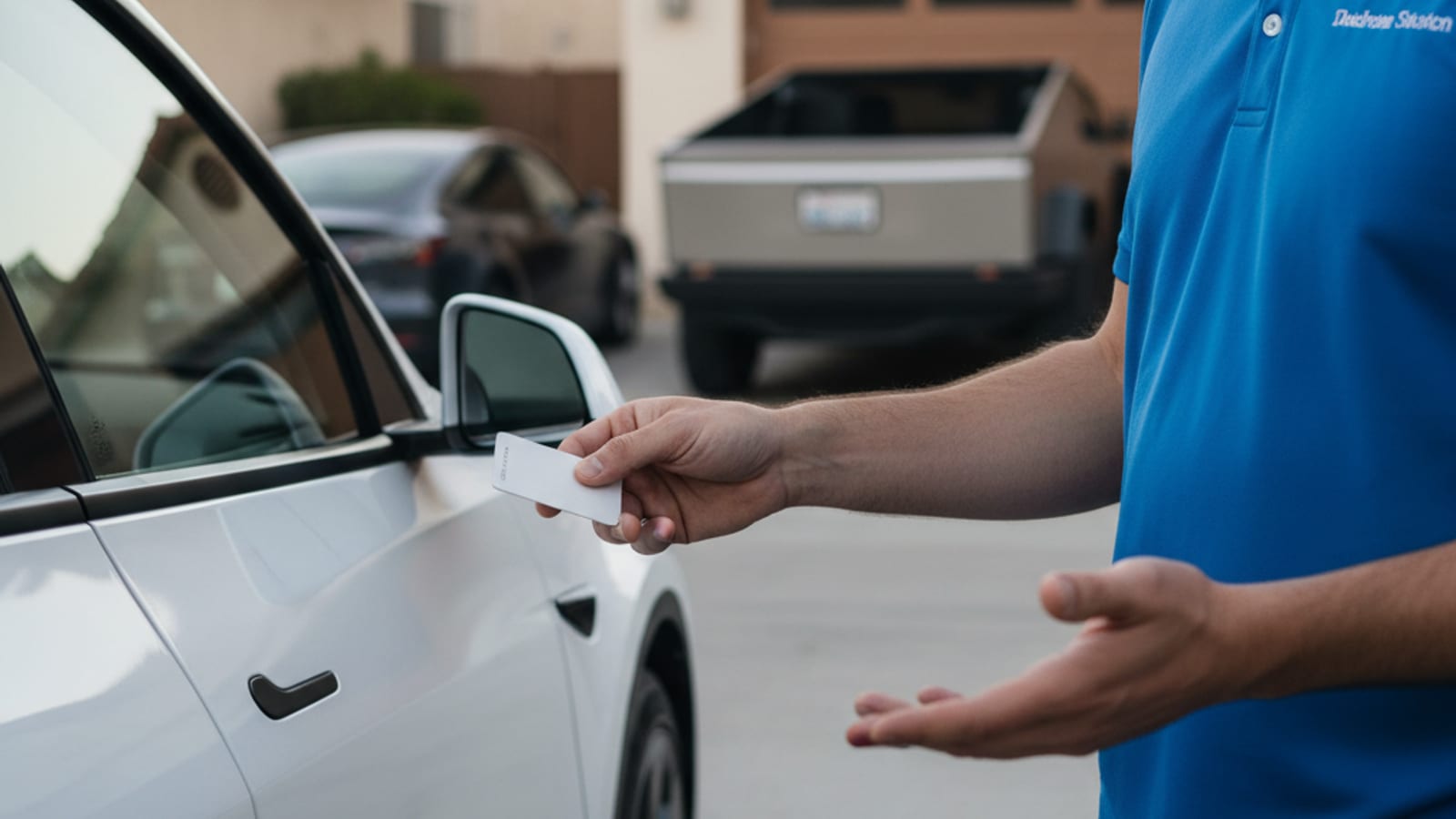 A Tesla parked in a sun-baked warehouse lot with the door open and a dark dashboard