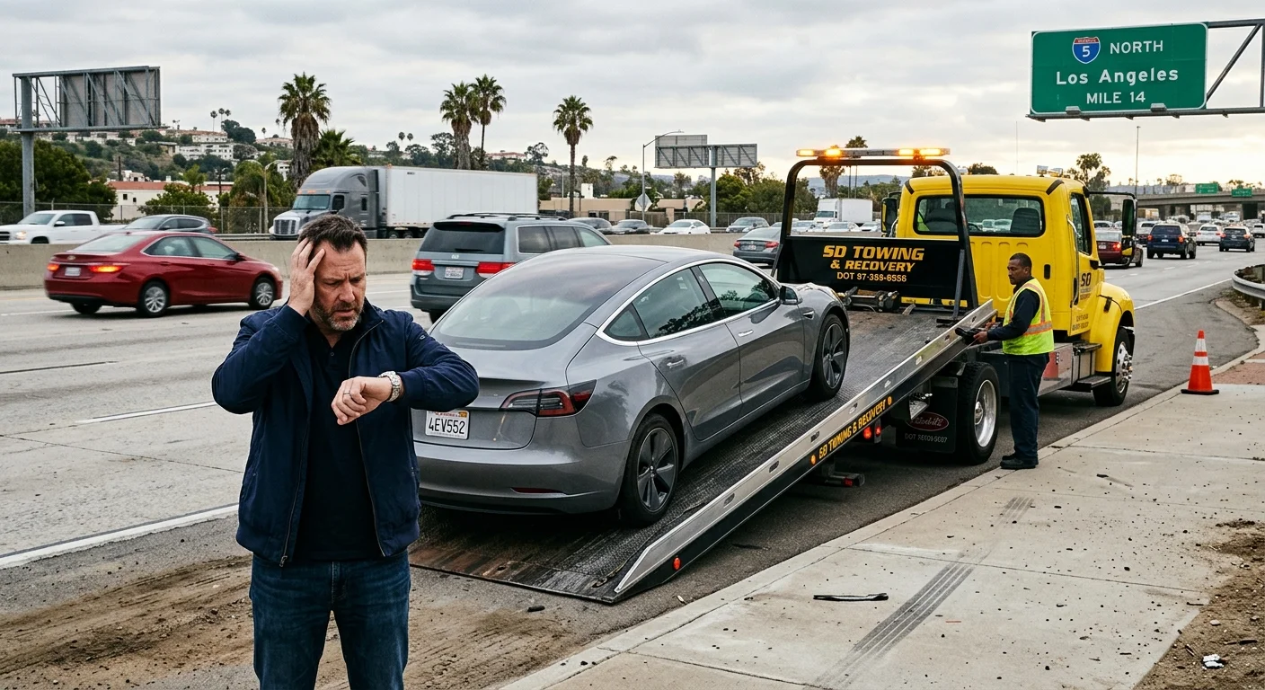 A flatbed tow truck loading an electric car on a Southern California freeway shoulder, with traffic moving in the background