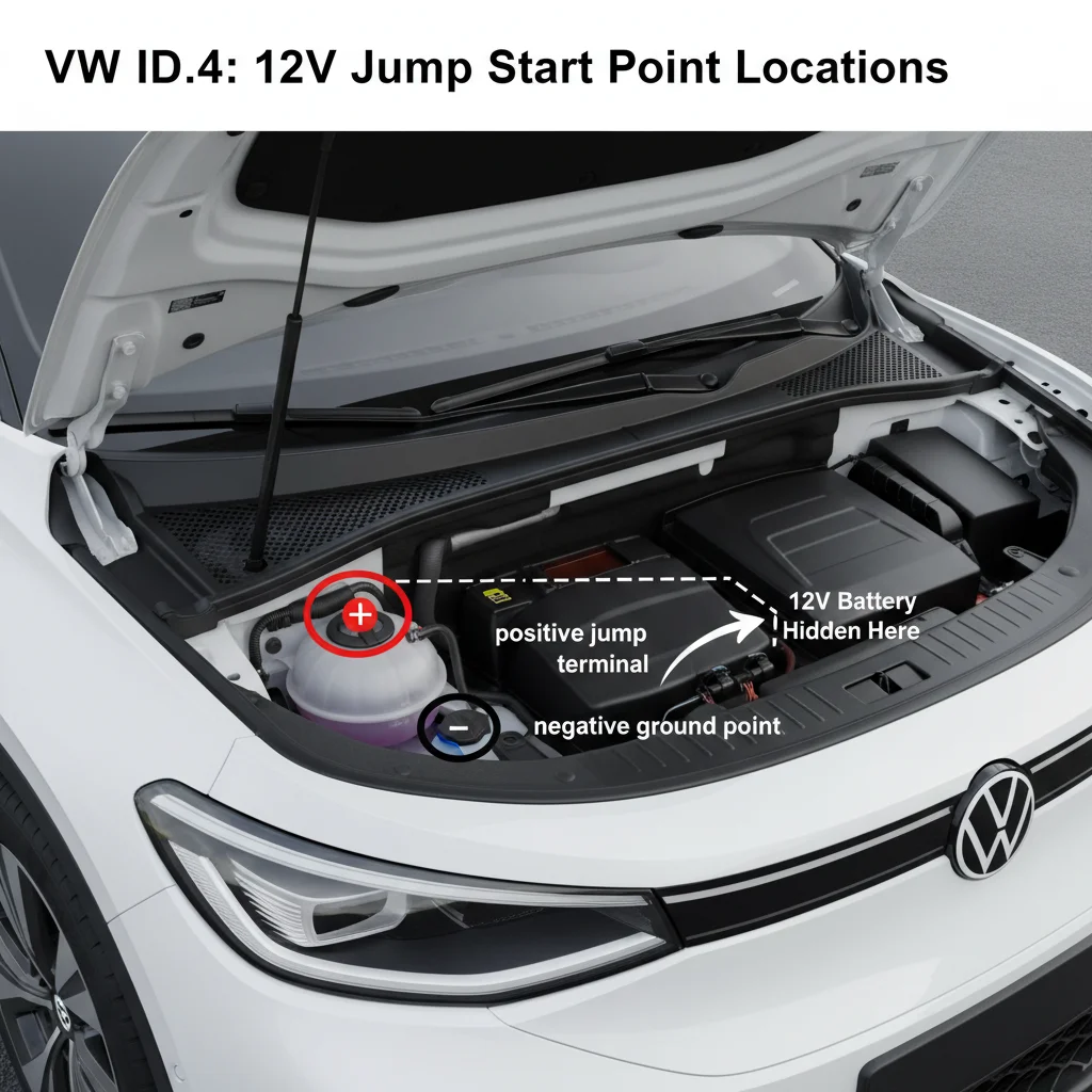 Under-hood EV jump terminals with a red positive cap beside a washer bottle