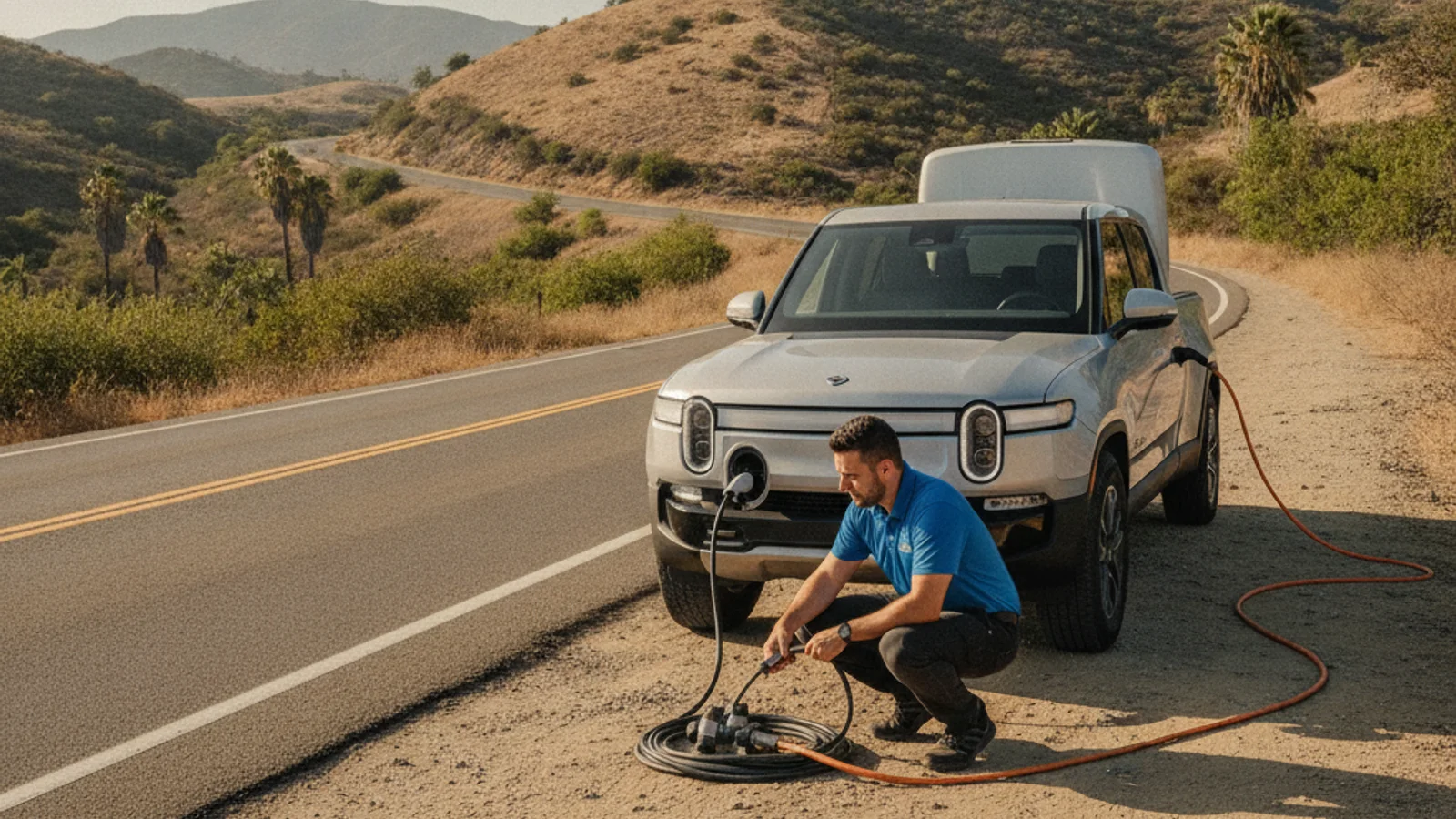 Driver checking an electric pickup charge port at a sunlit public stall