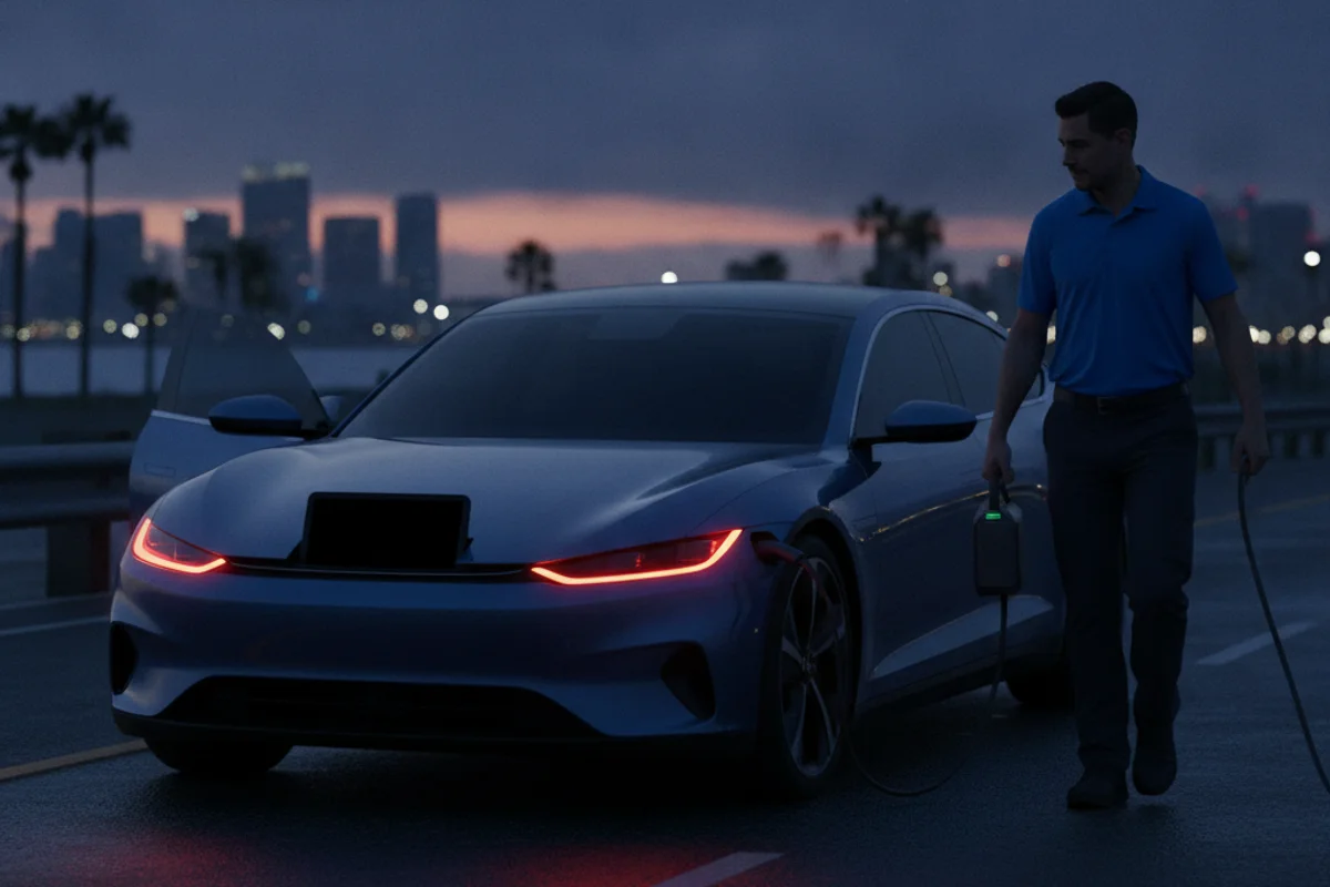 Electric car on a freeway shoulder at dusk as a technician walks up carrying a portable jump pack