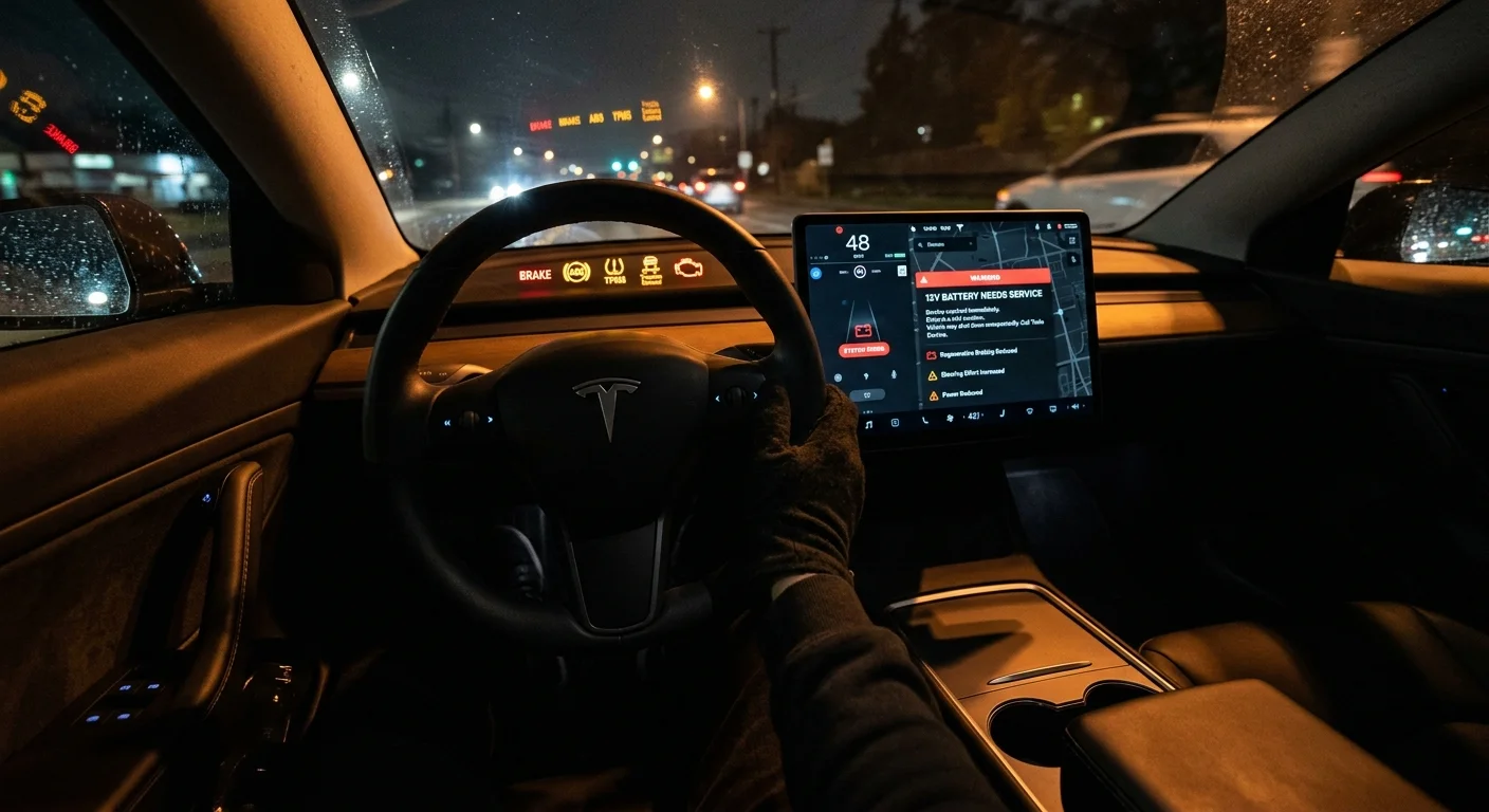 Sunlit Southern California parking lot with an electric car sitting still, driver door open, and dark screens visible through the windshield