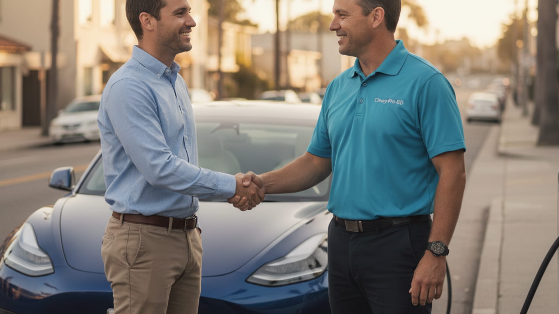 A mobile EV rescue technician in an electric-blue polo shaking hands with a relieved Tesla owner beside a Model 3 on an Inland Empire street at golden hour