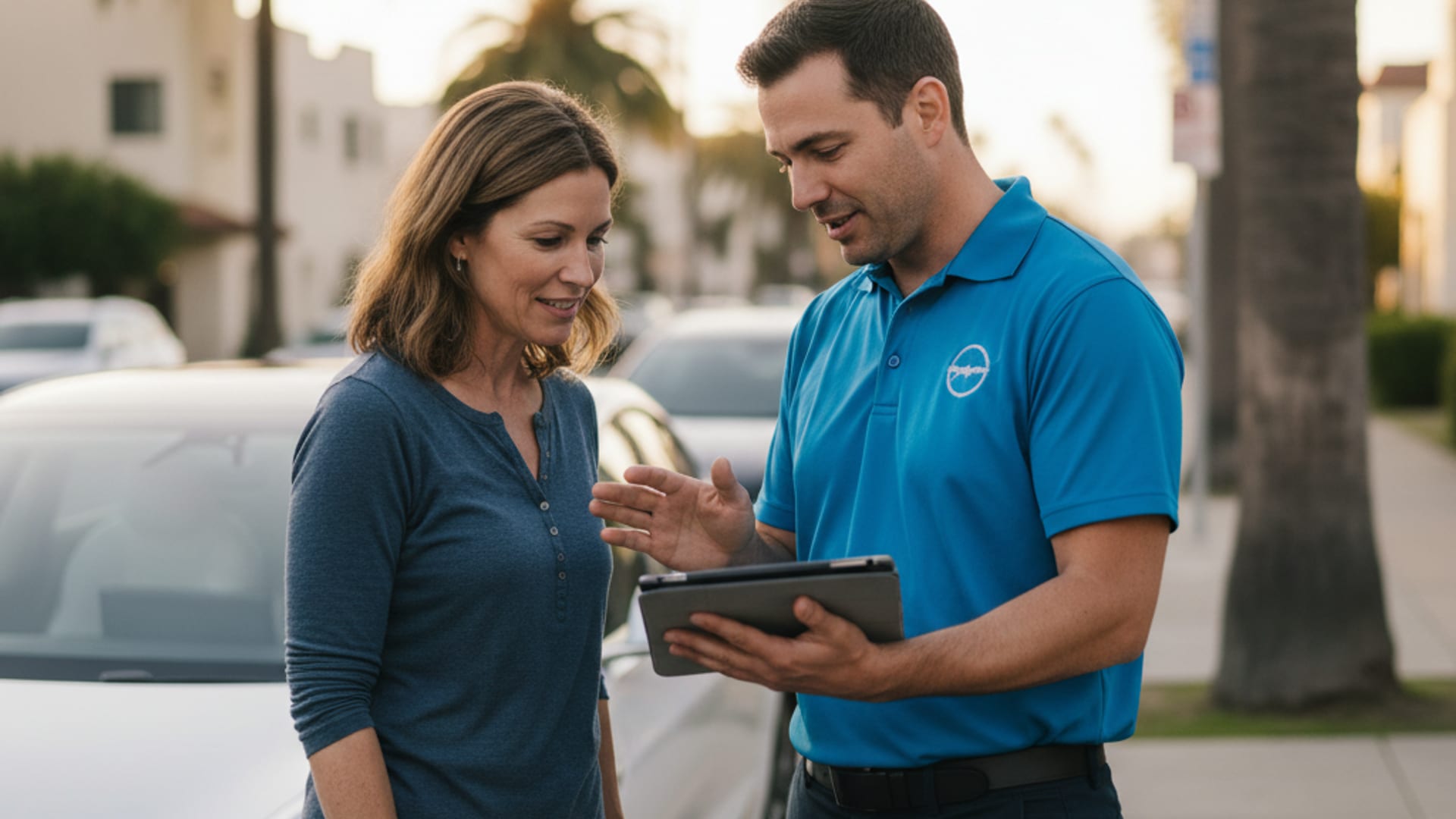 Charge Pro IE technician in an electric-blue polo explaining the rescue process to a relieved Tesla owner beside a charging Model 3