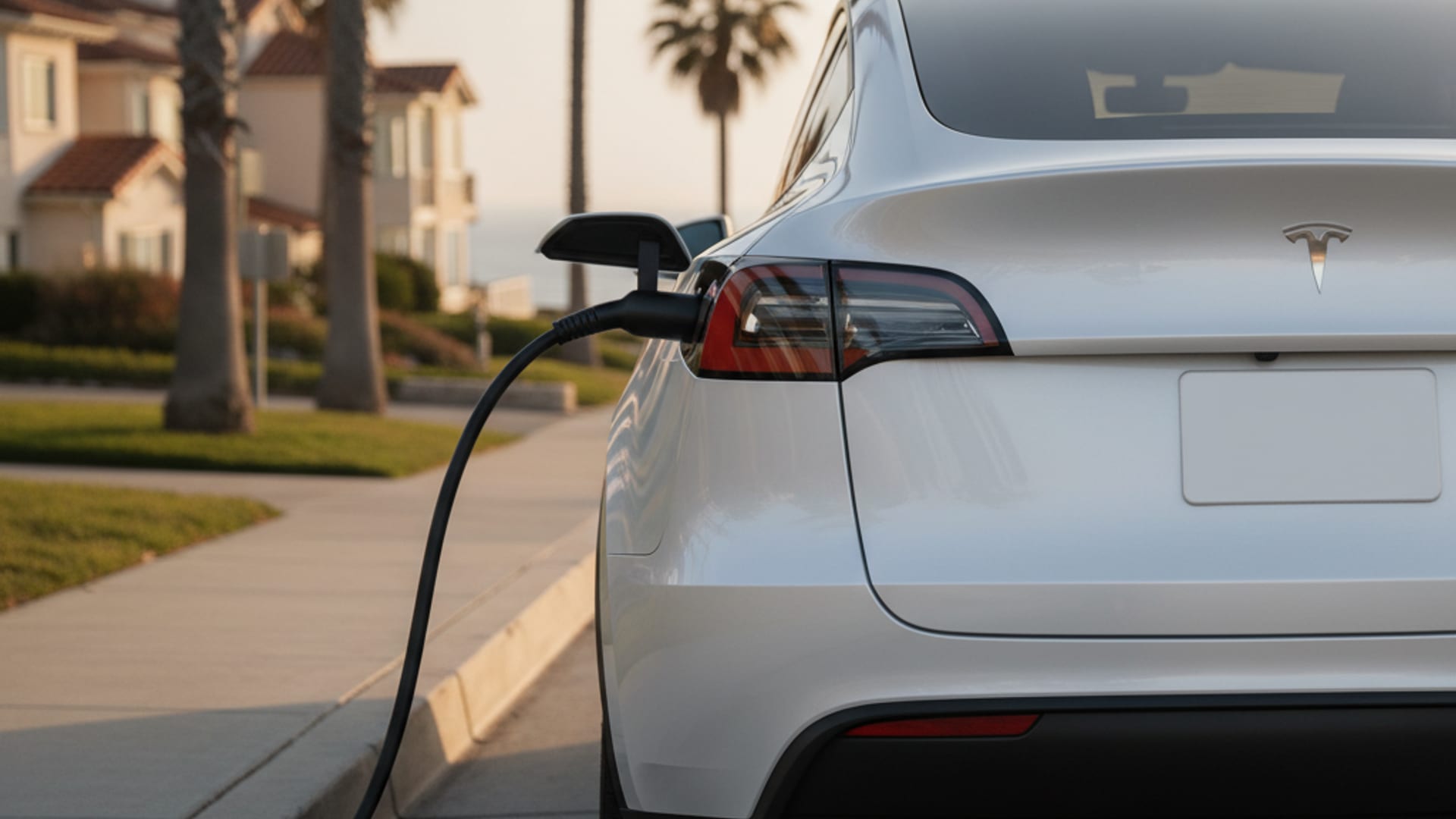 Charge Pro IE operator in electric-blue polo connecting a NACS charging cable to a stranded Tesla Model Y on an Inland Empire street at golden hour